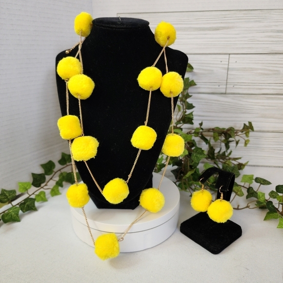 Jewelry - Lemon Yellow Color Pompom on Gold Chain Necklace Earrings Set